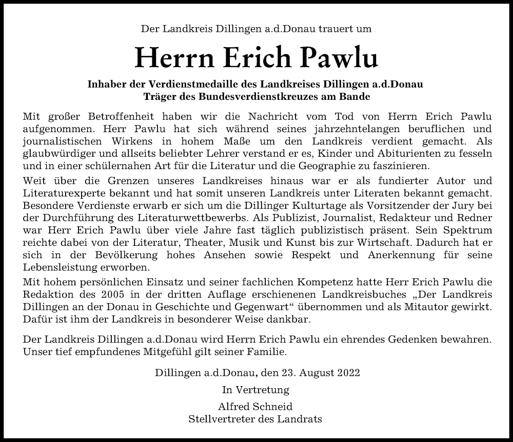 Traueranzeige von Erich Pawlu von Donau Zeitung