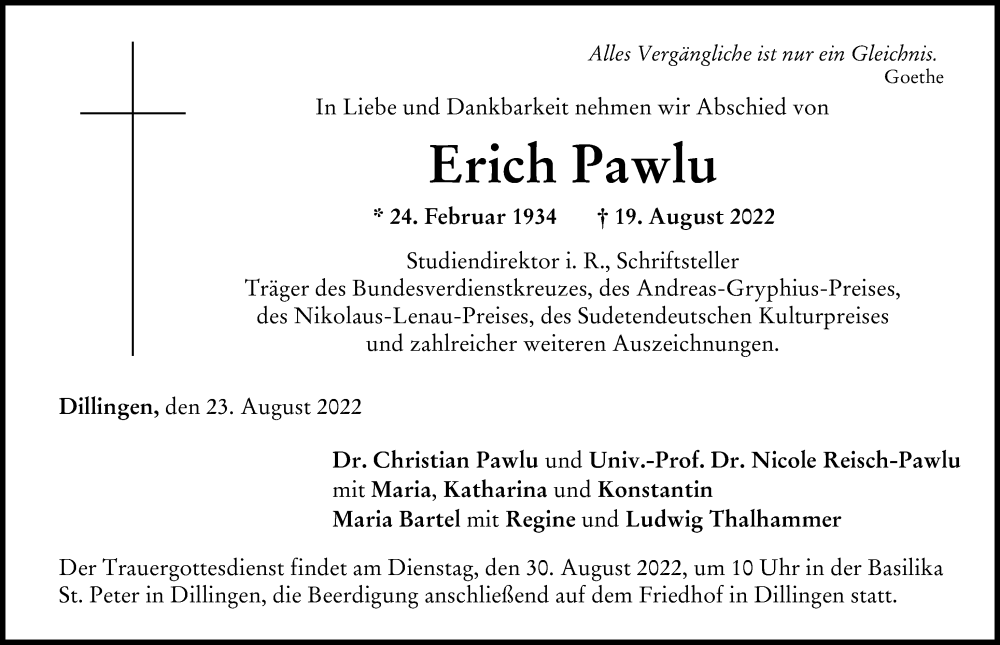 Traueranzeige von Erich Pawlu von Donau Zeitung