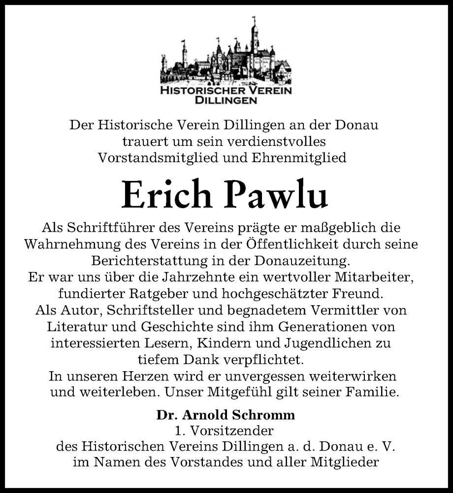 Traueranzeige von Erich Pawlu von Donau Zeitung