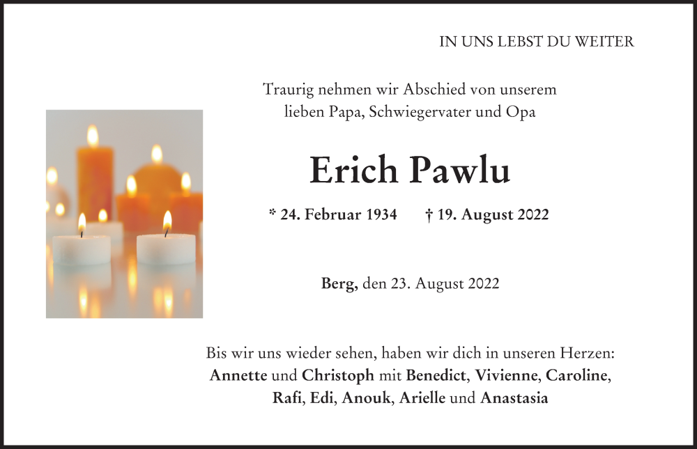  Traueranzeige für Erich Pawlu vom 23.08.2022 aus Donau Zeitung