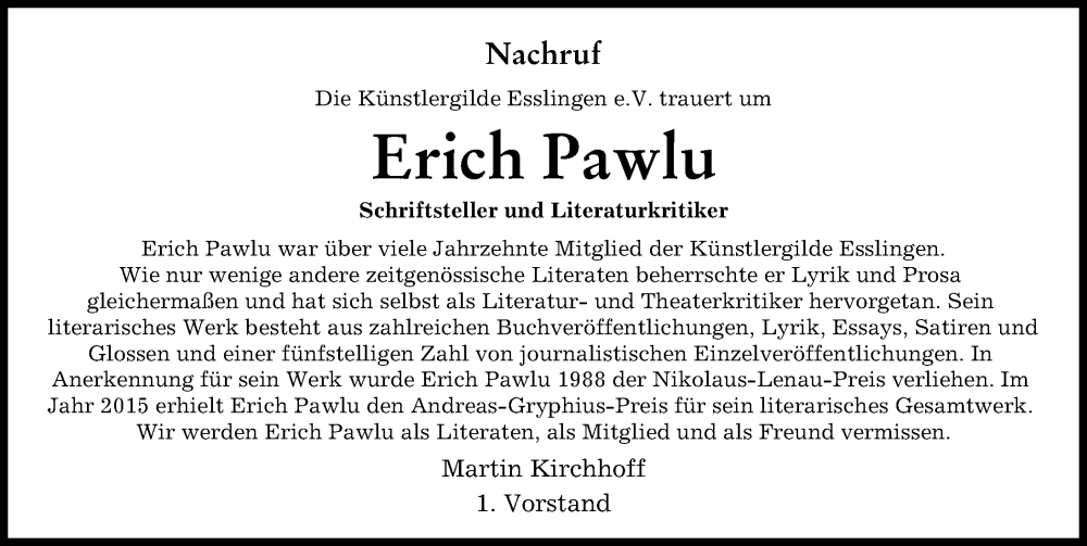 Traueranzeige von Erich Pawlu von Donau Zeitung