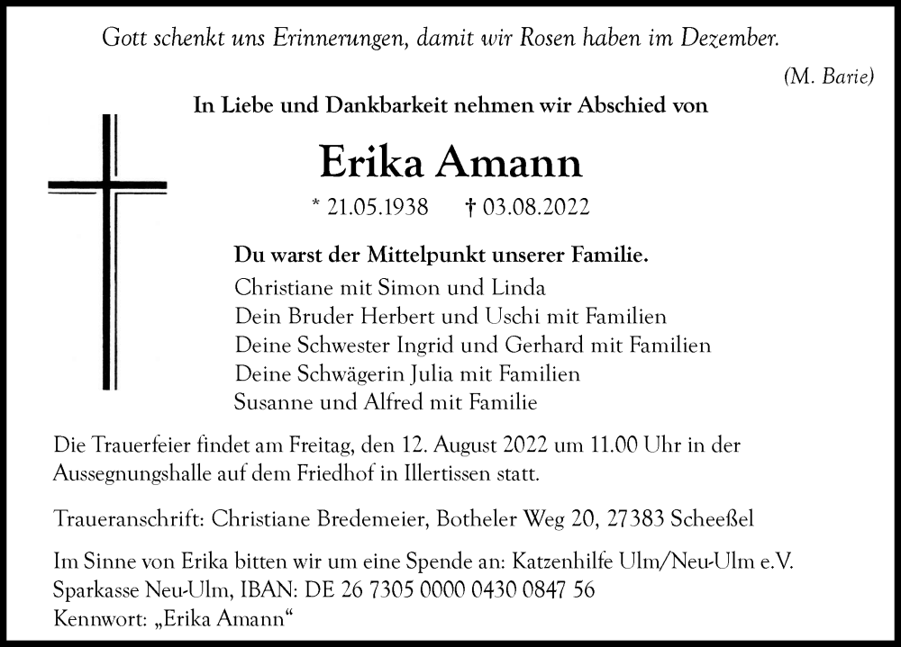  Traueranzeige für Erika Amann vom 09.08.2022 aus Illertisser Zeitung