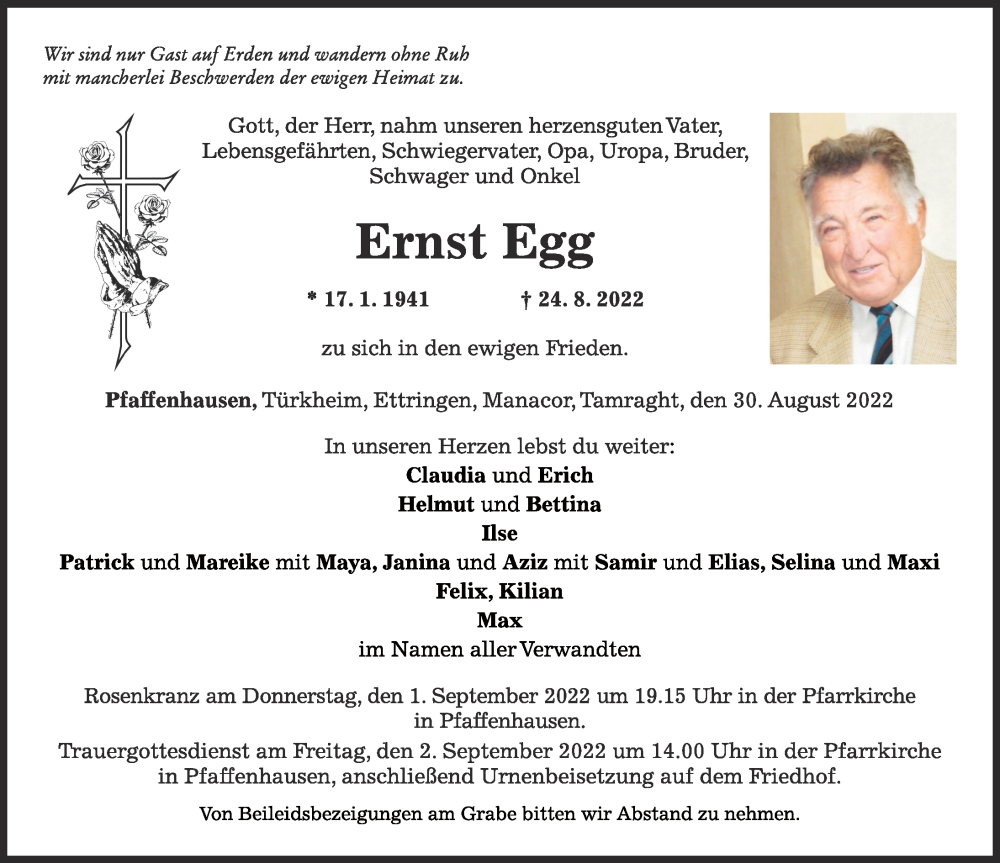 Traueranzeige von Ernst Egg von Mindelheimer Zeitung