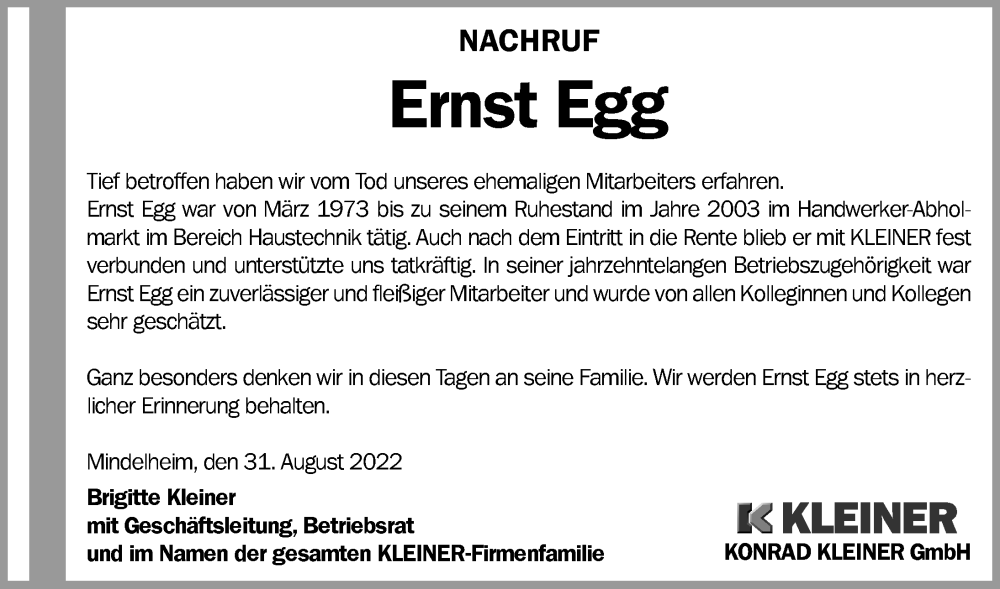 Traueranzeige von Ernst Egg von Mindelheimer Zeitung