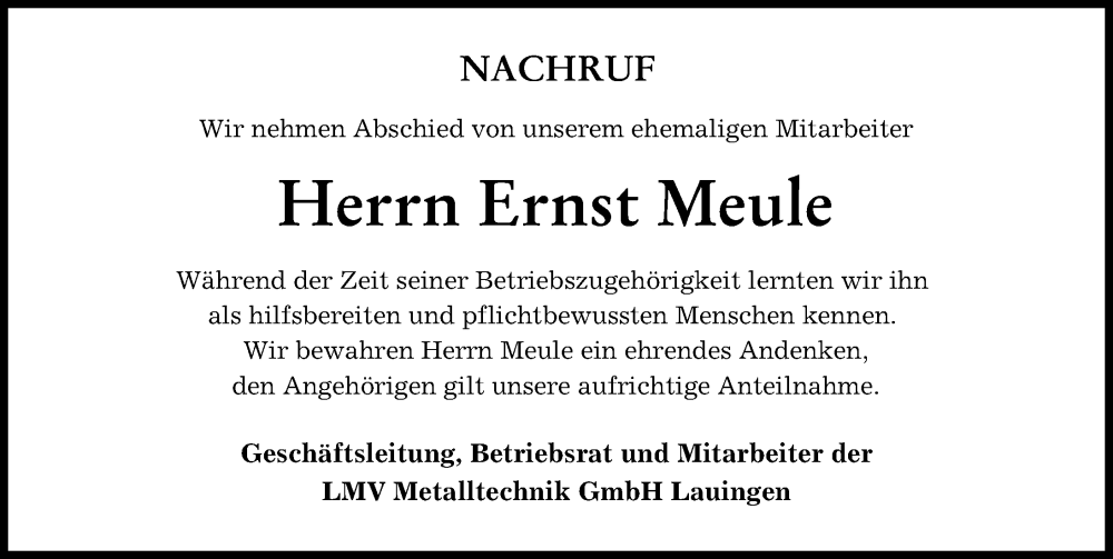  Traueranzeige für Ernst Meule vom 08.08.2022 aus Donau Zeitung
