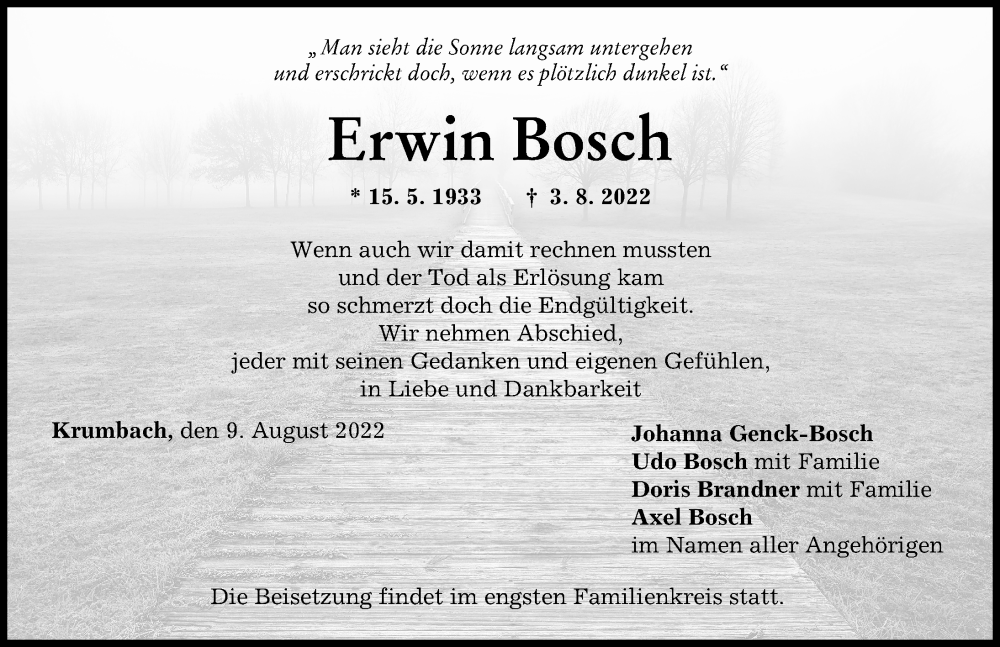  Traueranzeige für Erwin Bosch vom 09.08.2022 aus Mittelschwäbische Nachrichten