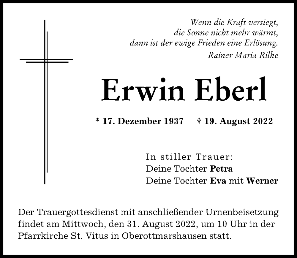 Traueranzeige von Erwin Eberl von Schwabmünchner Allgemeine