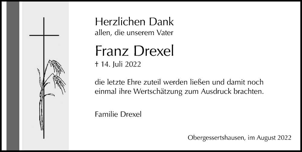 Traueranzeige von Franz Drexel von Mittelschwäbische Nachrichten