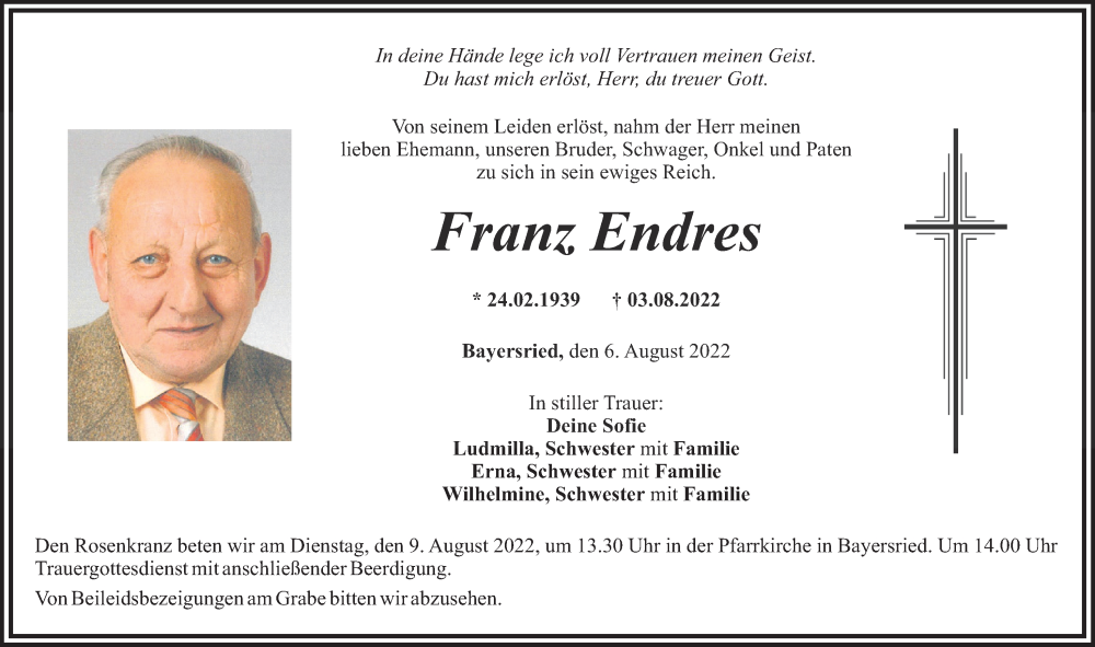 Traueranzeige für Franz Endres vom 06.08.2022 aus Mittelschwäbische Nachrichten
