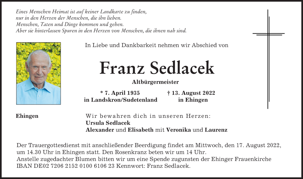  Traueranzeige für Franz Sedlacek vom 16.08.2022 aus Wertinger Zeitung, Augsburg-Land