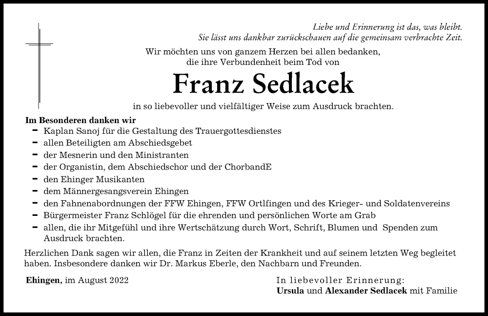  Traueranzeige für Franz Sedlacek vom 27.08.2022 aus Augsburg-Land