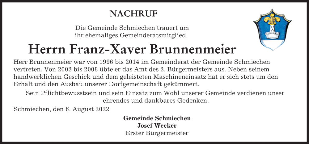 Traueranzeige von Franz-Xaver Brunnenmeier von Friedberger Allgemeine