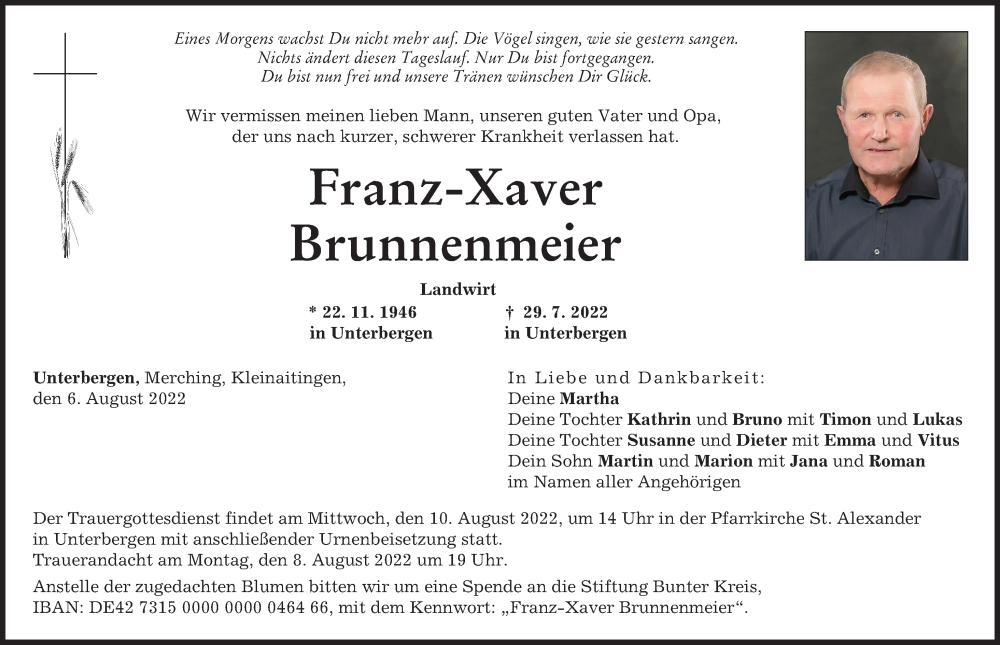 Traueranzeige von Franz-Xaver Brunnenmeier von Friedberger Allgemeine
