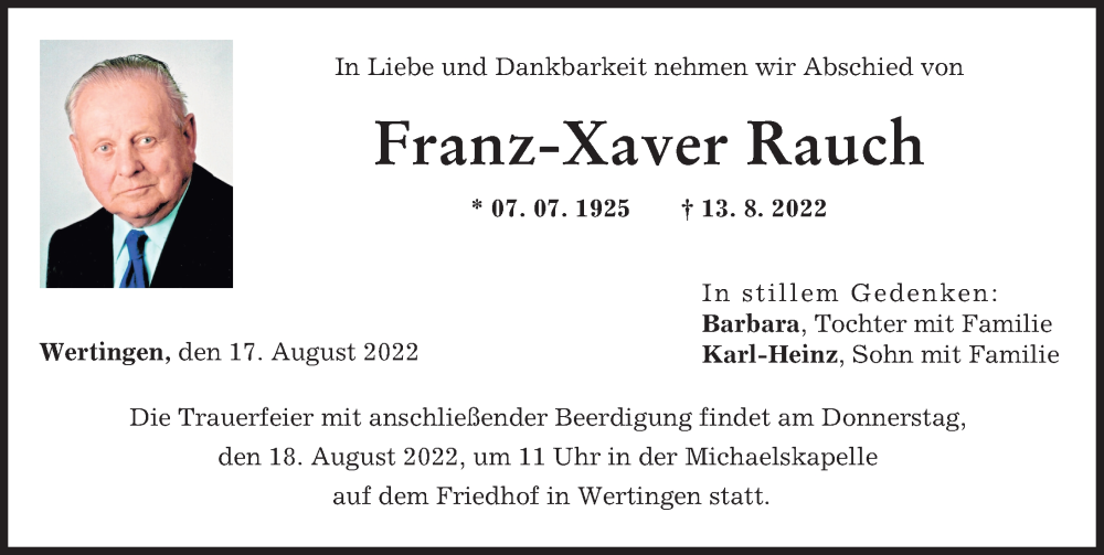  Traueranzeige für Franz-Xaver Rauch vom 17.08.2022 aus Wertinger Zeitung