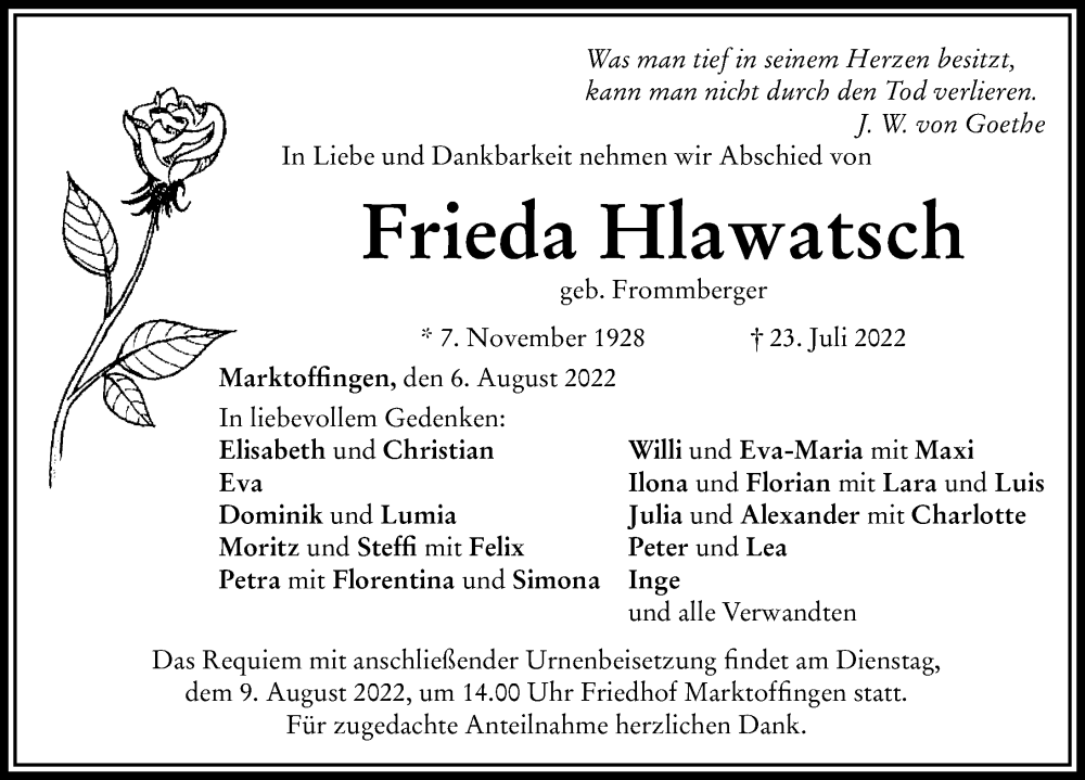  Traueranzeige für Frieda Hlawatsch vom 06.08.2022 aus Rieser Nachrichten