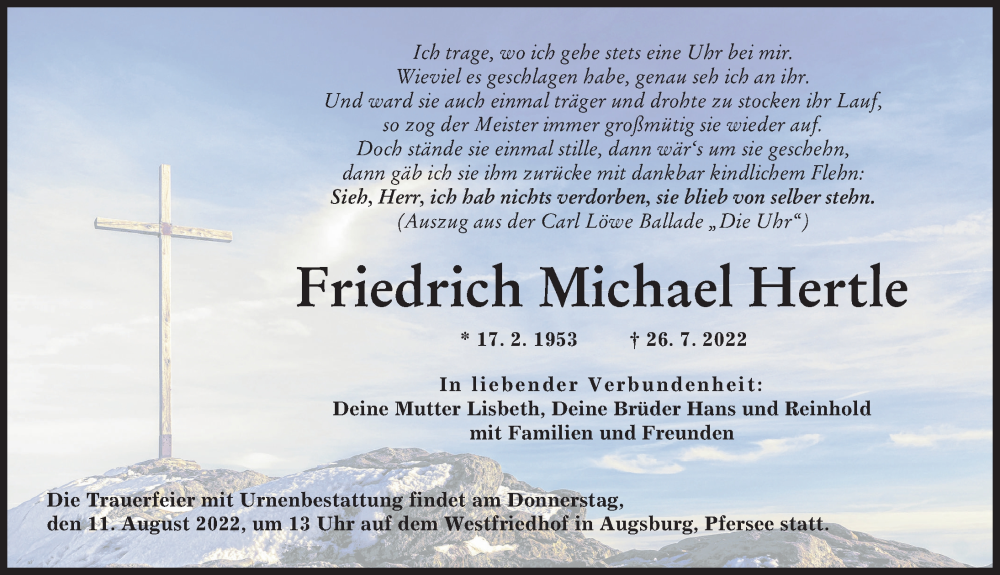 Traueranzeige für Friedrich Michael Hertle vom 06.08.2022 aus Augsburger Allgemeine