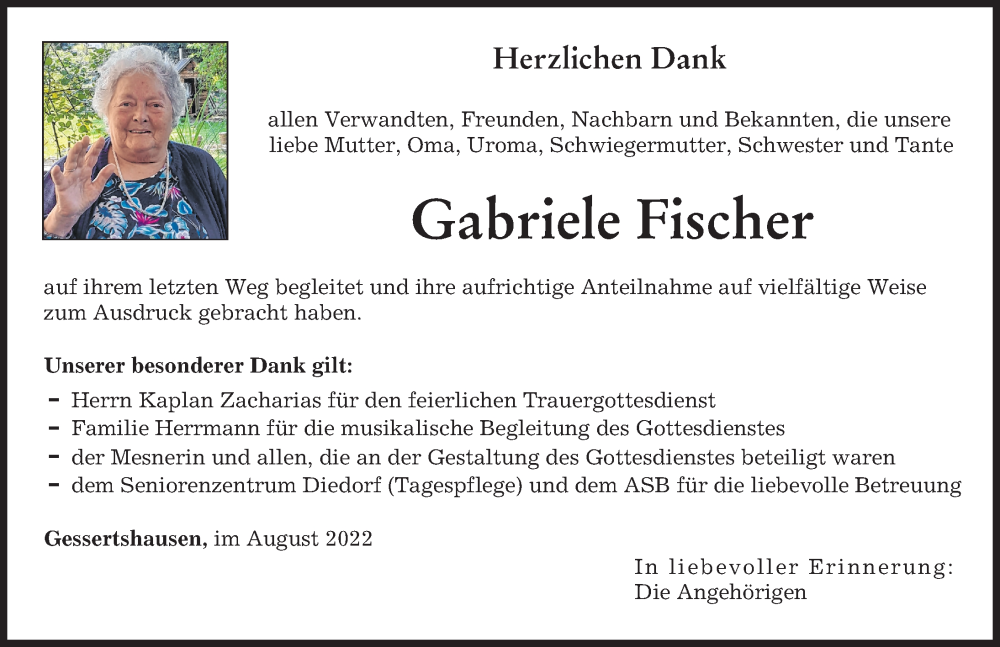  Traueranzeige für Gabriele Fischer vom 06.08.2022 aus Augsburg-Land