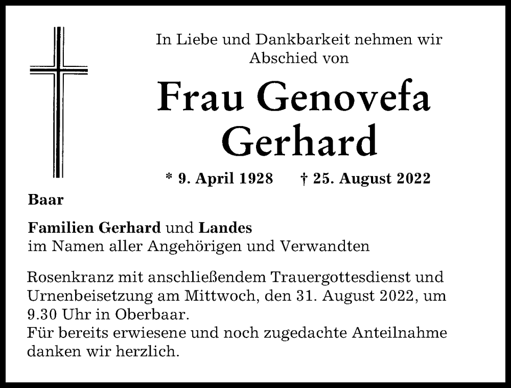 Traueranzeige von Genovefa Gerhard von Aichacher Nachrichten