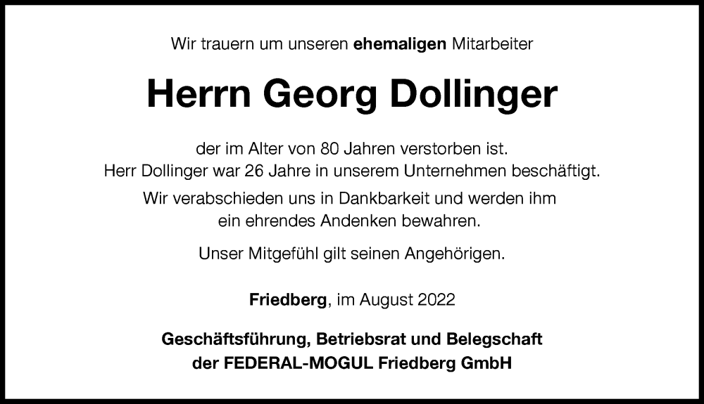 Traueranzeige von Georg Dollinger von Friedberger Allgemeine