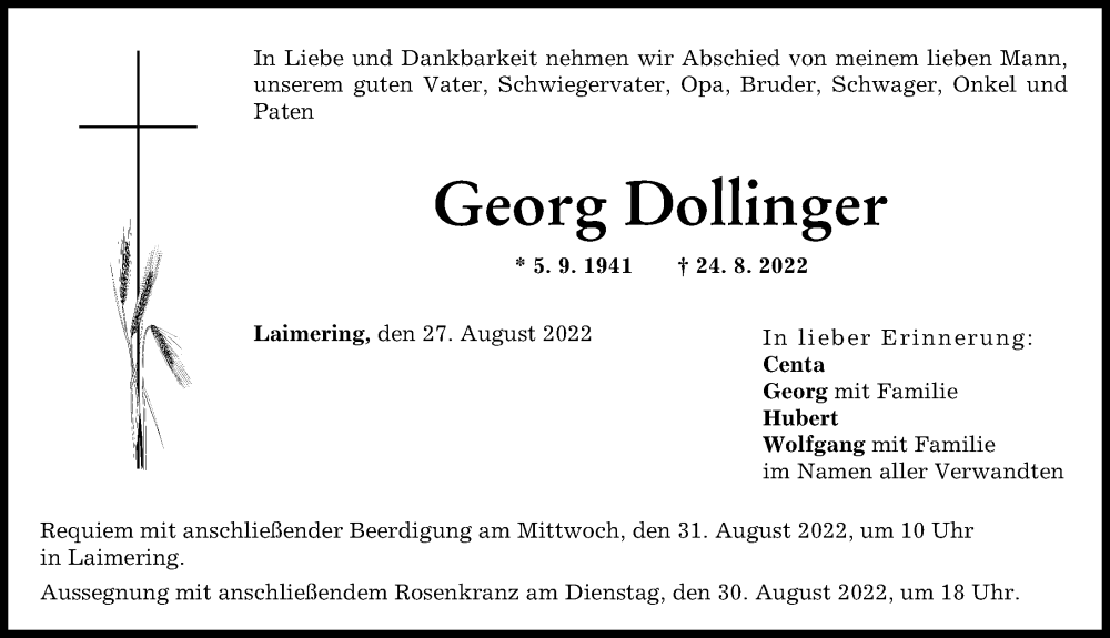 Traueranzeige von Georg Dollinger von Friedberger Allgemeine