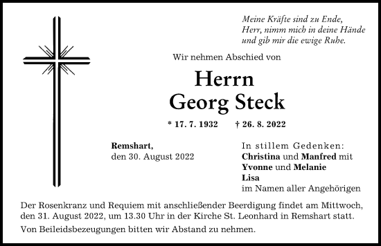 Traueranzeige von Georg Steck von Günzburger Zeitung