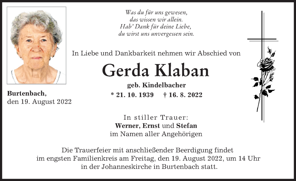  Traueranzeige für Gerda Klaban vom 19.08.2022 aus Günzburger Zeitung
