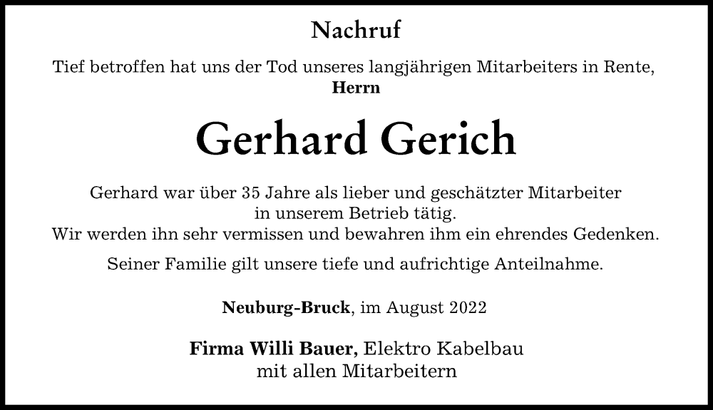  Traueranzeige für Gerhard Gerich vom 06.08.2022 aus Neuburger Rundschau