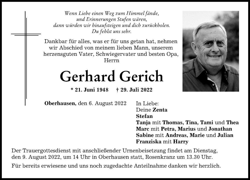 Traueranzeige für Gerhard Gerich vom 06.08.2022 aus Neuburger Rundschau