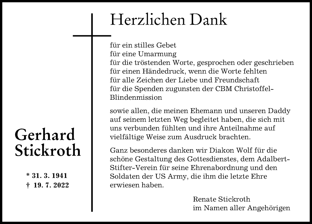  Traueranzeige für Gerhard Stickroth vom 13.08.2022 aus Augsburger Allgemeine