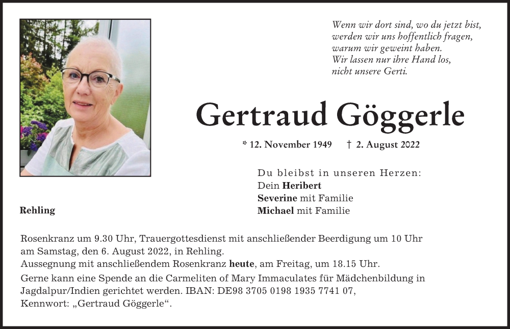  Traueranzeige für Gertraud Göggerle vom 05.08.2022 aus Aichacher Nachrichten, Augsburger Allgemeine