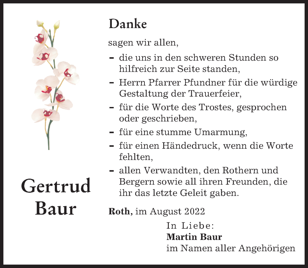  Traueranzeige für Gertrud Baur vom 06.08.2022 aus Neu-Ulmer Zeitung