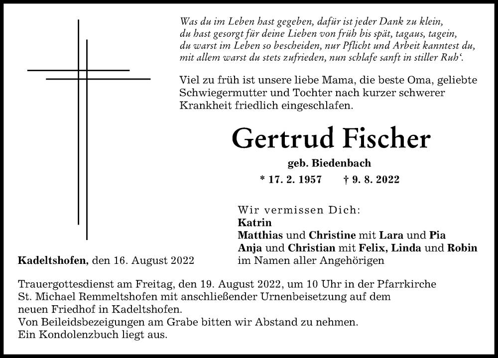 Traueranzeige von Gertrud Fischer von Günzburger Zeitung, Neu-Ulmer Zeitung