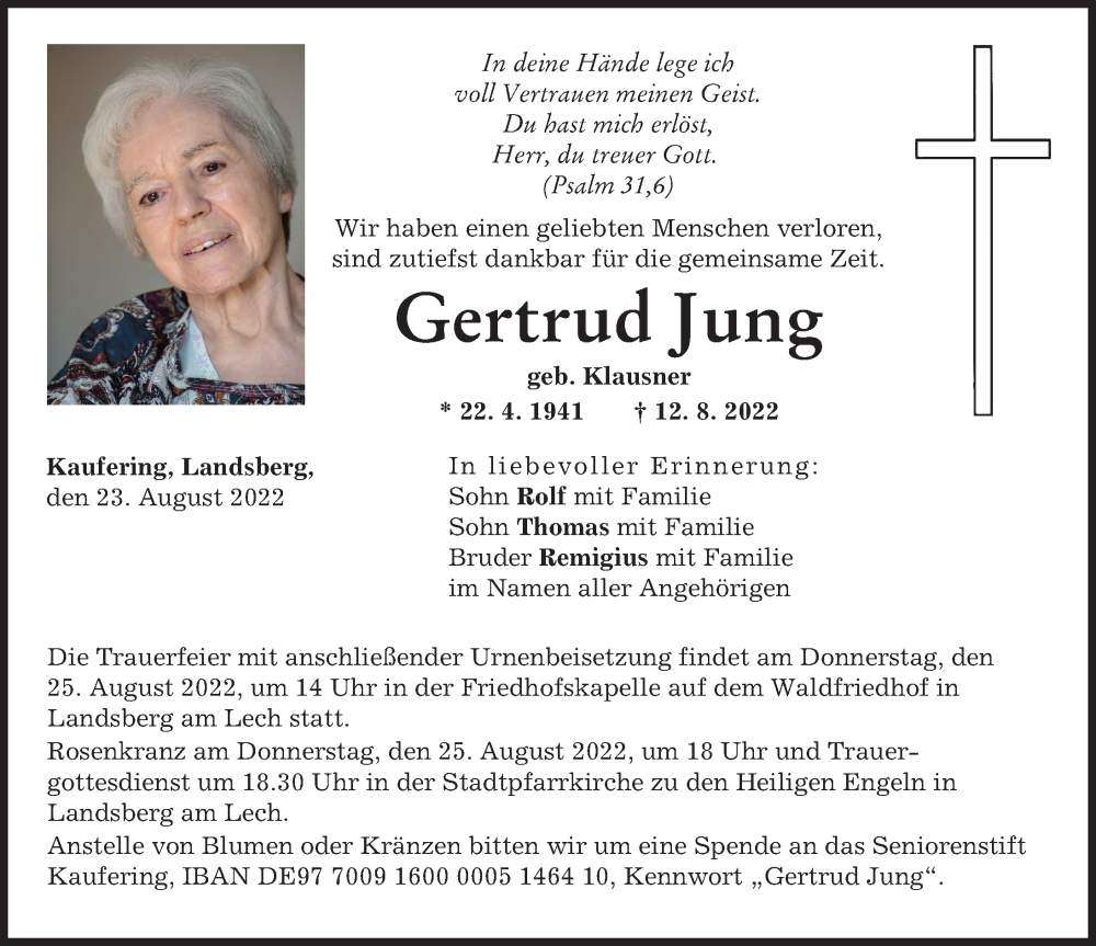 Traueranzeigen Von Gertrud Jung | Augsburger Allgemeine Zeitung