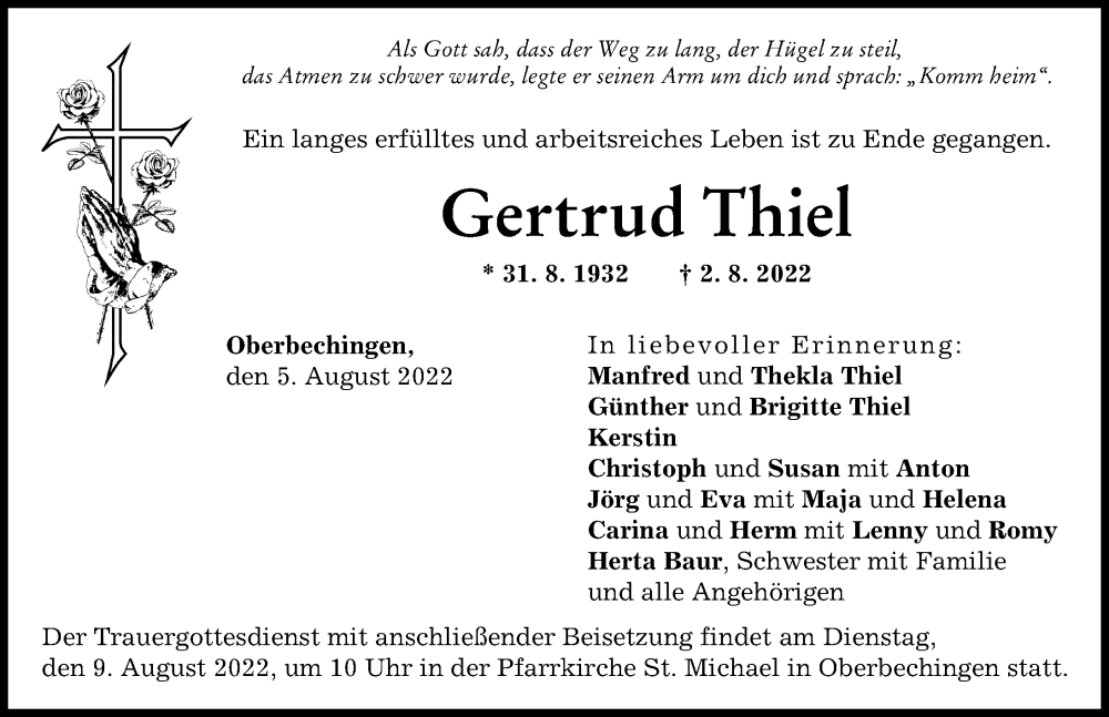  Traueranzeige für Gertrud Thiel vom 05.08.2022 aus Donau Zeitung