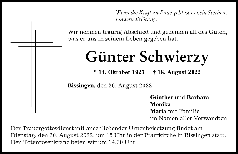 Traueranzeige von Günter Schwierzy von Donau Zeitung