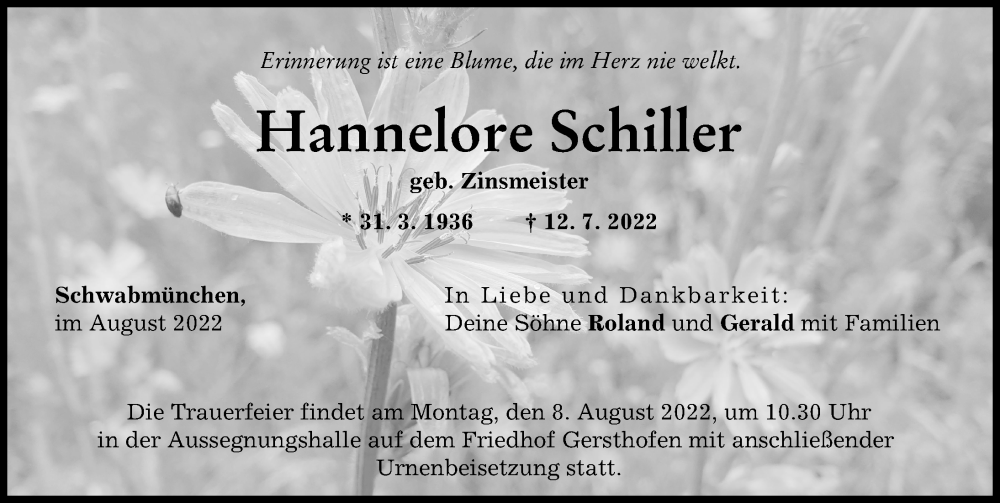  Traueranzeige für Hannelore Schiller vom 06.08.2022 aus Augsburg-Land, Schwabmünchner Allgemeine