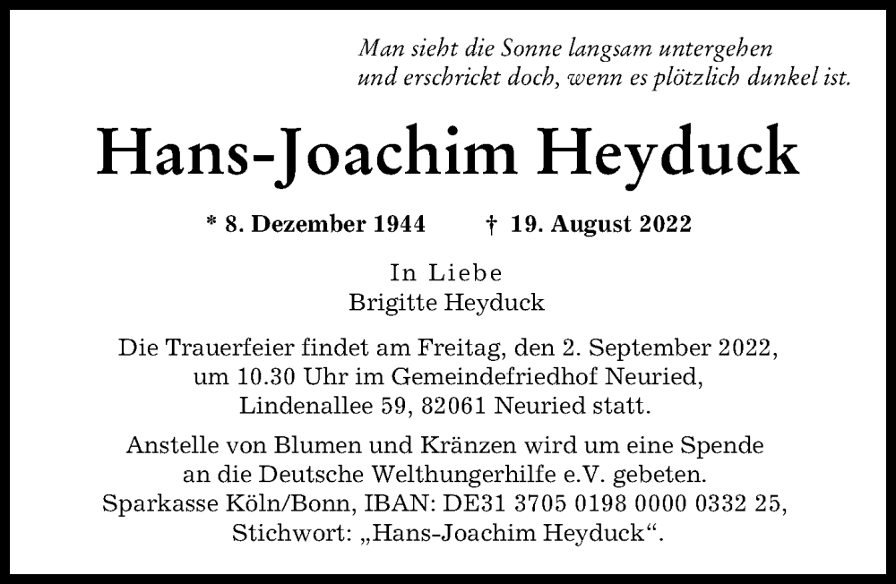 Traueranzeige von Hans-Joachim Heyduck von Schwabmünchner Allgemeine, Augsburger Allgemeine