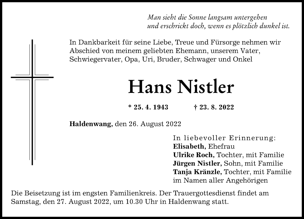 Traueranzeige von Hans Nistler von Günzburger Zeitung