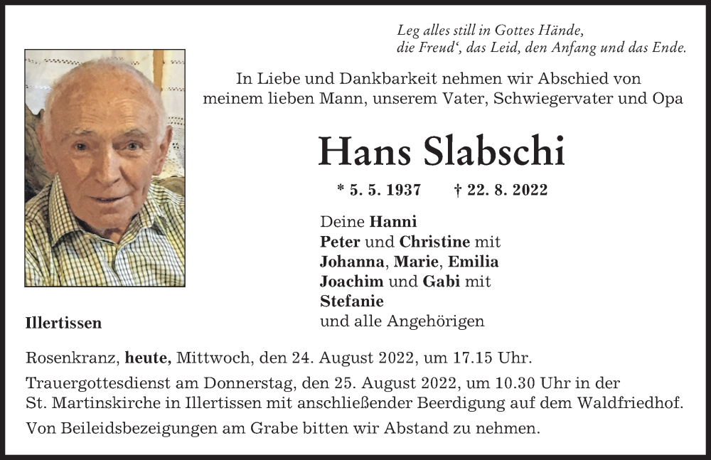 Traueranzeige von Hans Slabschi von Illertisser Zeitung