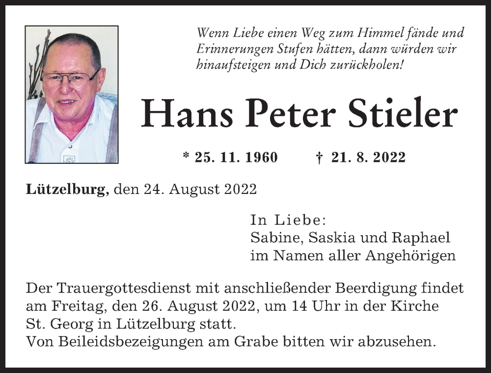 Traueranzeige von Hans Peter Stieler von Augsburger Allgemeine