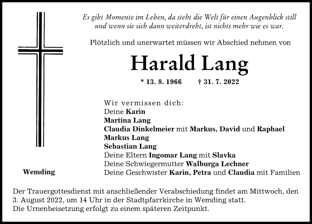 Traueranzeige von Harald Lang von Donauwörther Zeitung