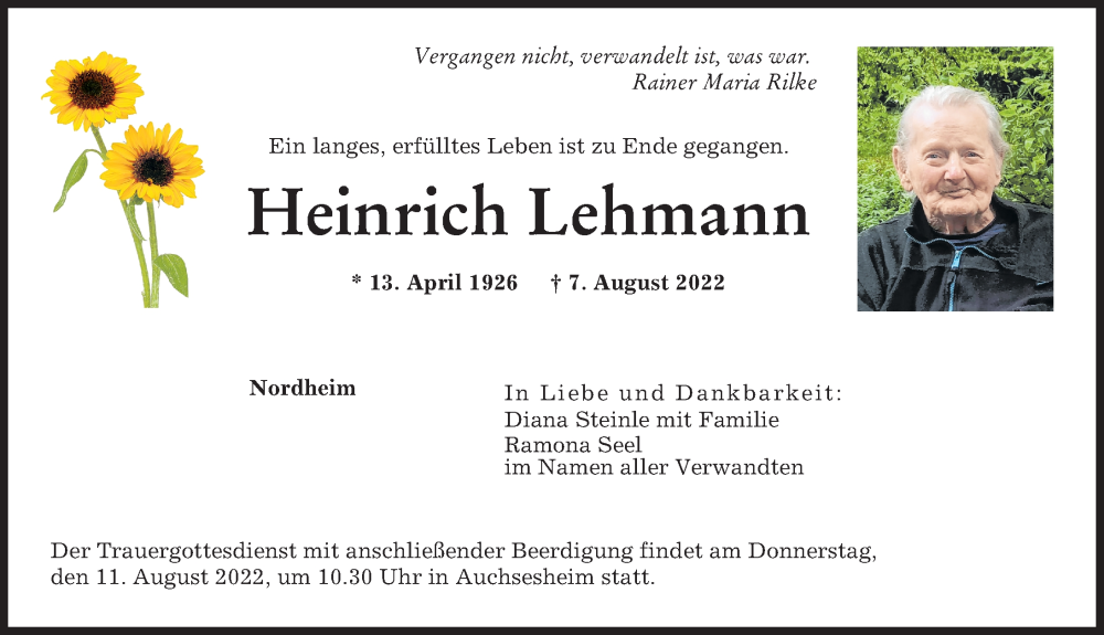  Traueranzeige für Heinrich Lehmann vom 09.08.2022 aus Donauwörther Zeitung