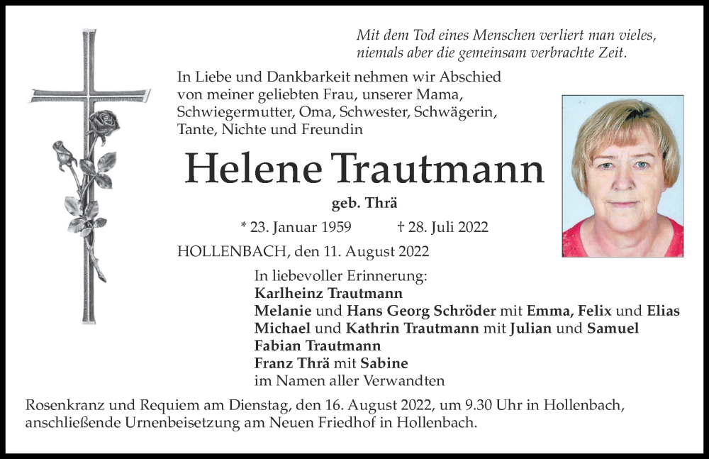 Traueranzeige von Helene Trautmann von Aichacher Nachrichten