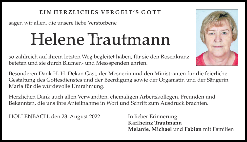 Traueranzeige von Helene Trautmann von Aichacher Nachrichten