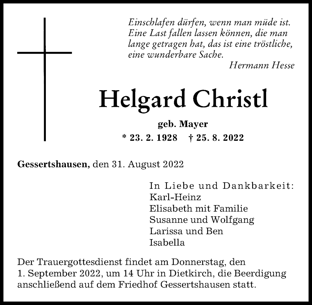 Traueranzeigen Von Helgard Christl | Augsburger Allgemeine Zeitung