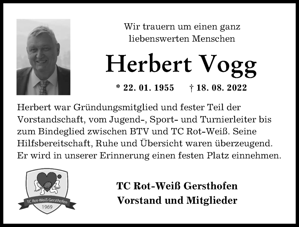 Traueranzeige von Herbert Vogg von Augsburger Allgemeine