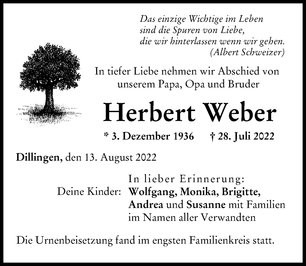 Traueranzeige von Herbert Weber von Donau Zeitung