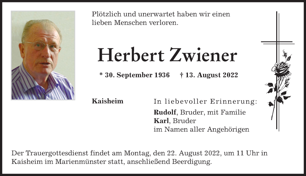  Traueranzeige für Herbert Zwiener vom 17.08.2022 aus Donauwörther Zeitung