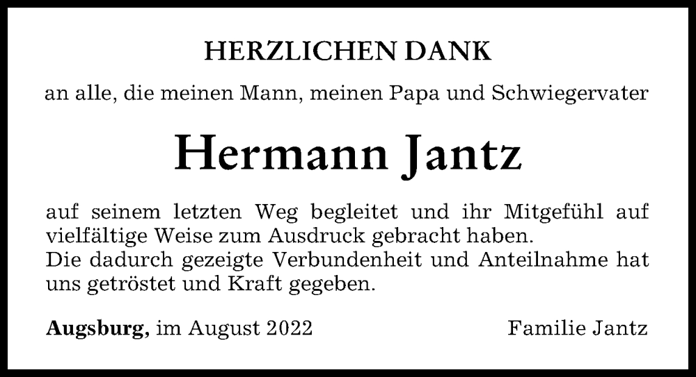 Traueranzeige von Hermann Jantz von Augsburger Allgemeine