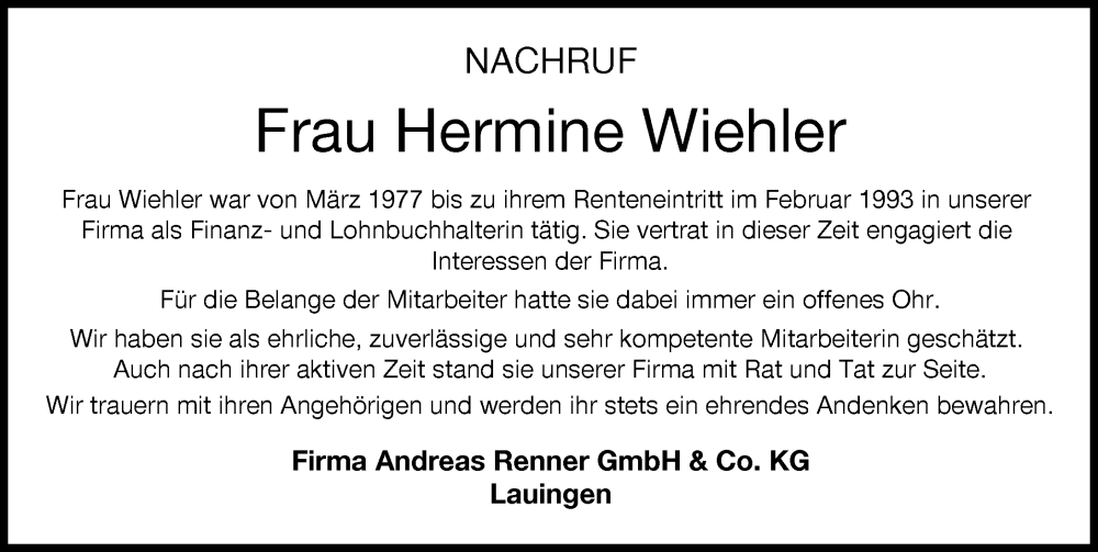 Traueranzeige von Hermine Wiehler von Donau Zeitung